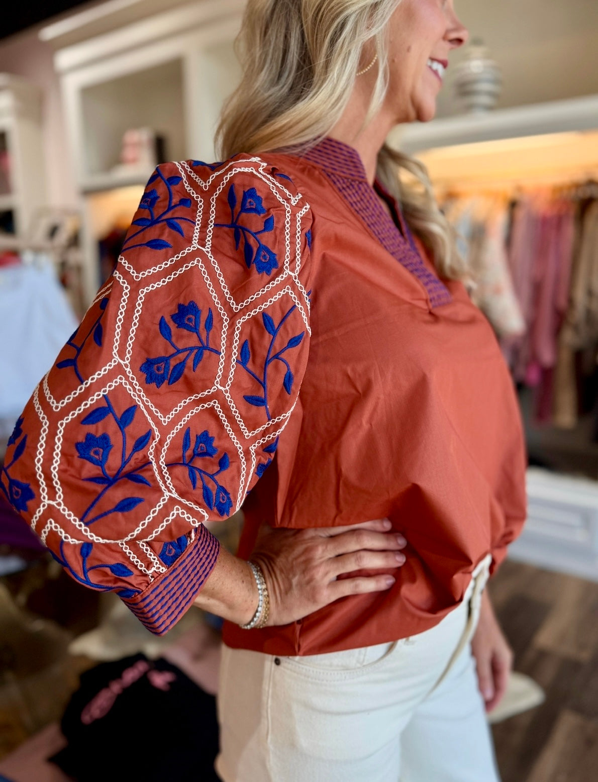 Embroidered 3/4 Sleeve Blouse Rust