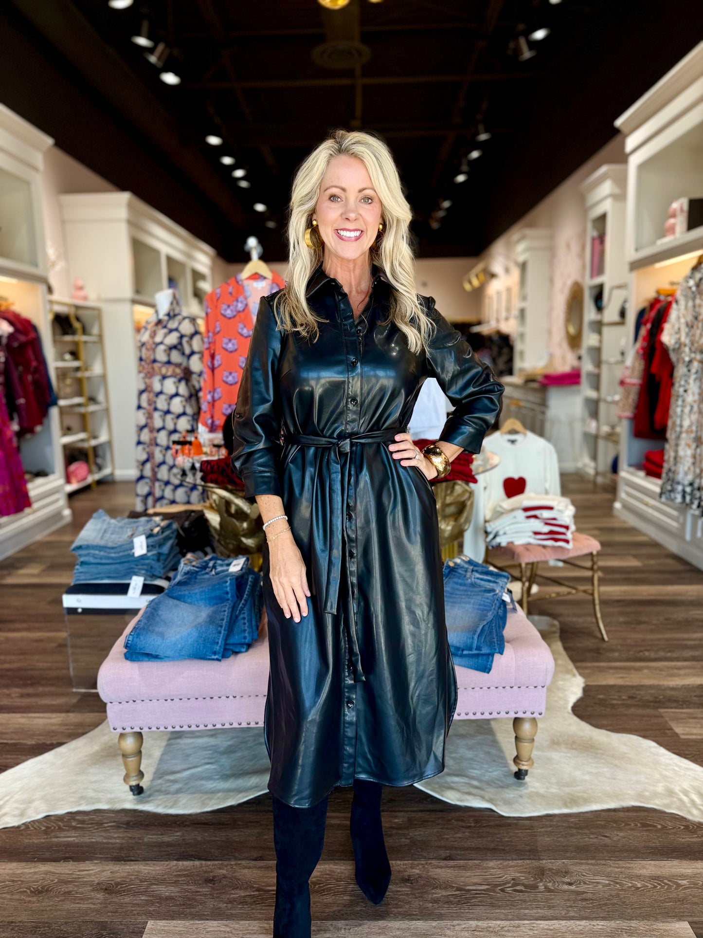 Boho Chic Leather Button Down Dress Black