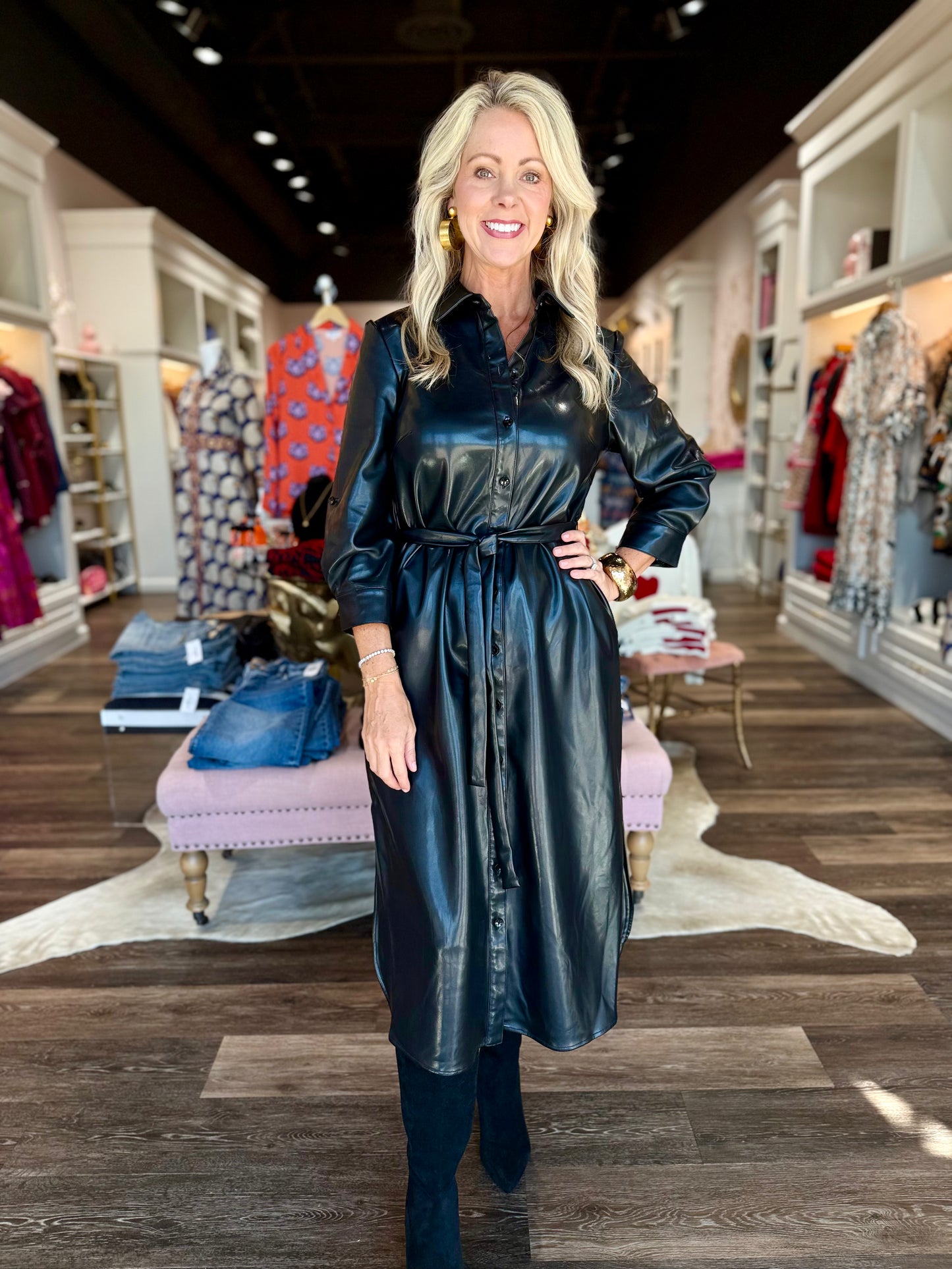 Boho Chic Leather Button Down Dress Black