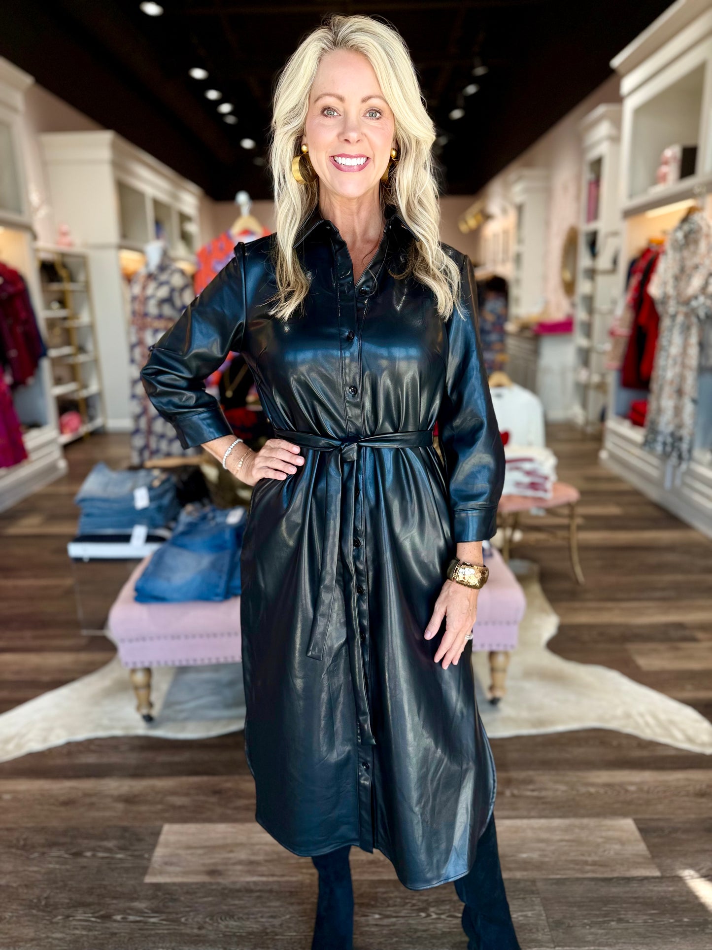 Boho Chic Leather Button Down Dress Black