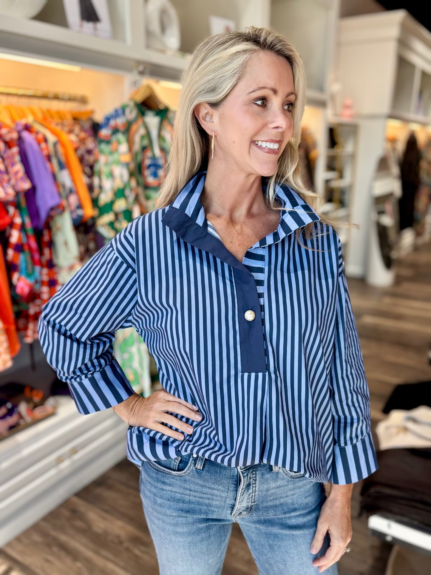 Striped Pearl Button Blouse Navy