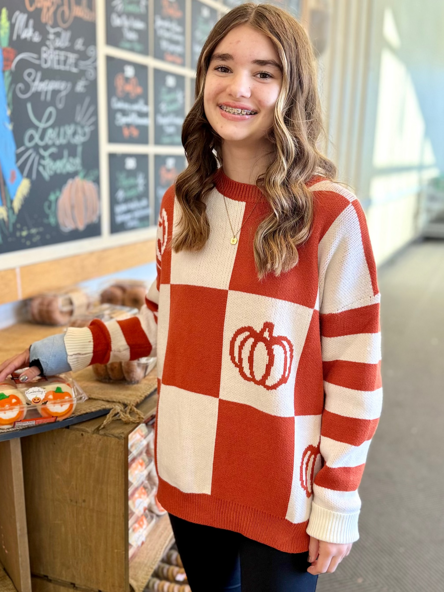 Ribbed Crew Neck Checkerboard/Stripe Sweater