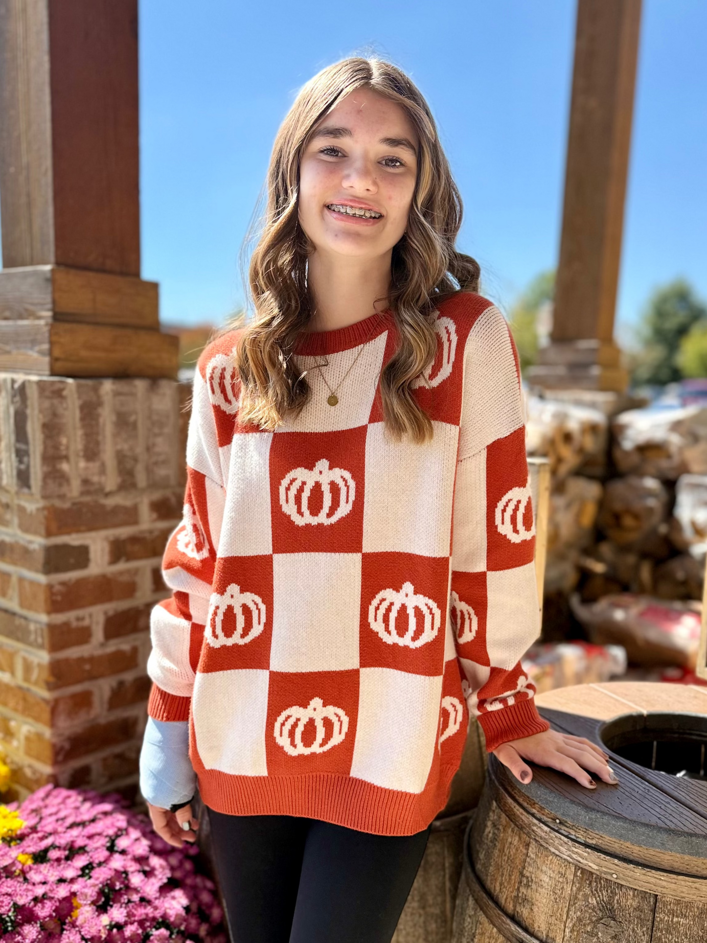 Ribbed Crew Neck Checkerboard Sweater