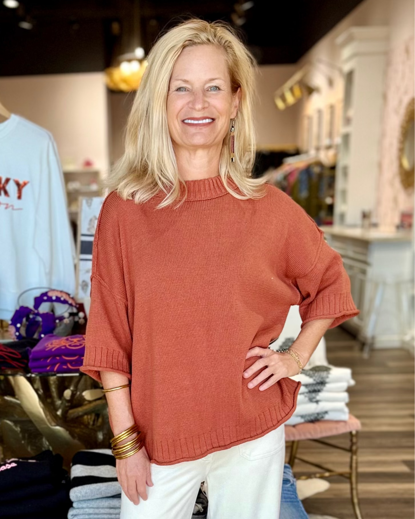 Crew Neck Casual Drop Shoulder Knitted Sweater Rust