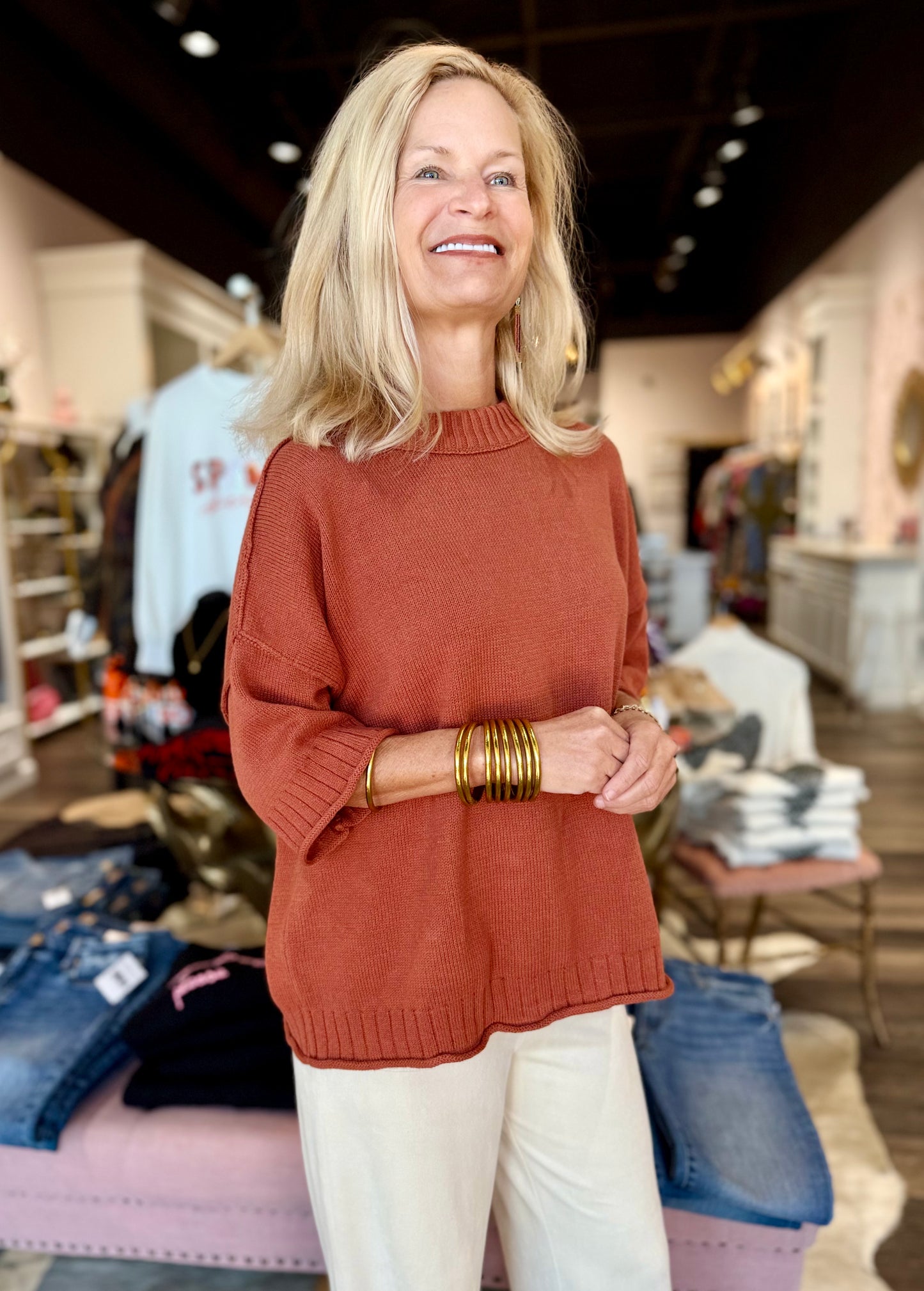 Crew Neck Casual Drop Shoulder Knitted Sweater Rust