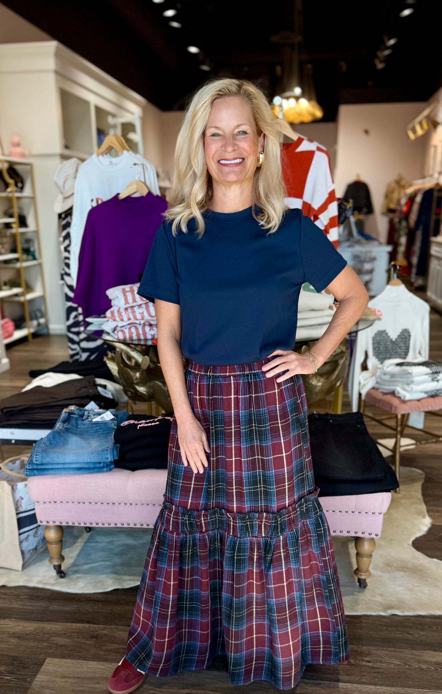 Plaid Tiered Maxi Skirt Berry