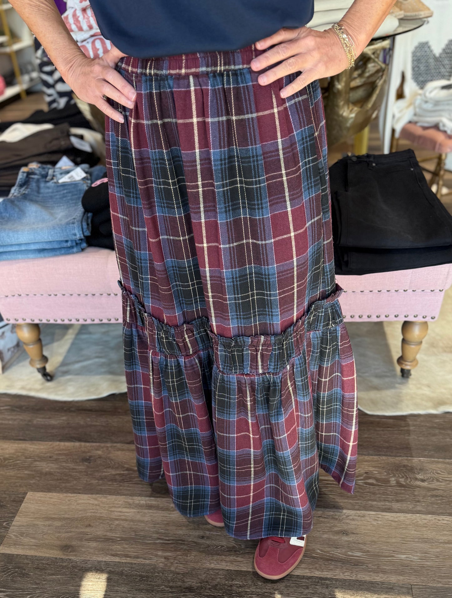 Plaid Tiered Maxi Skirt Berry
