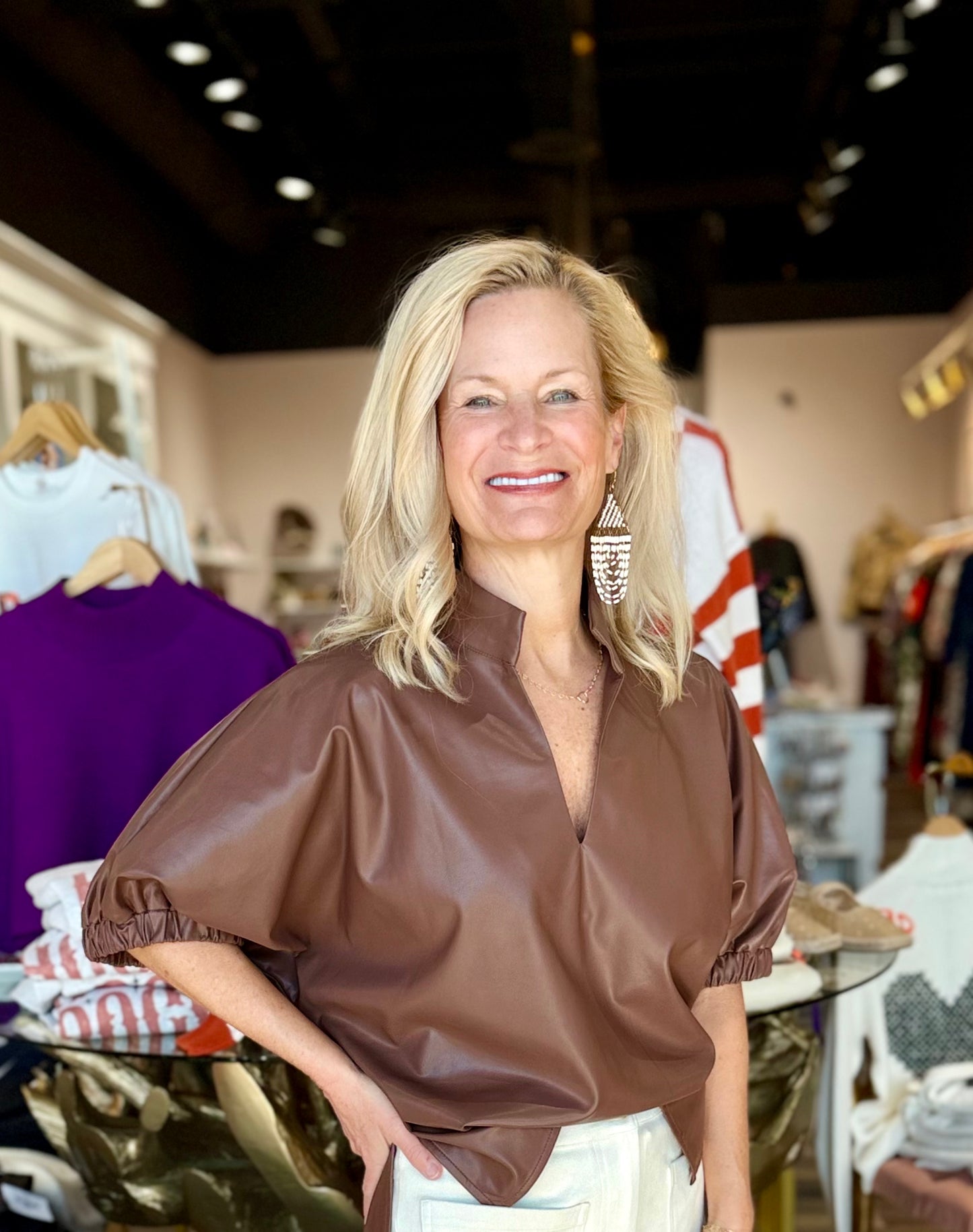 Puff Sleeve Faux Leather Top Brown