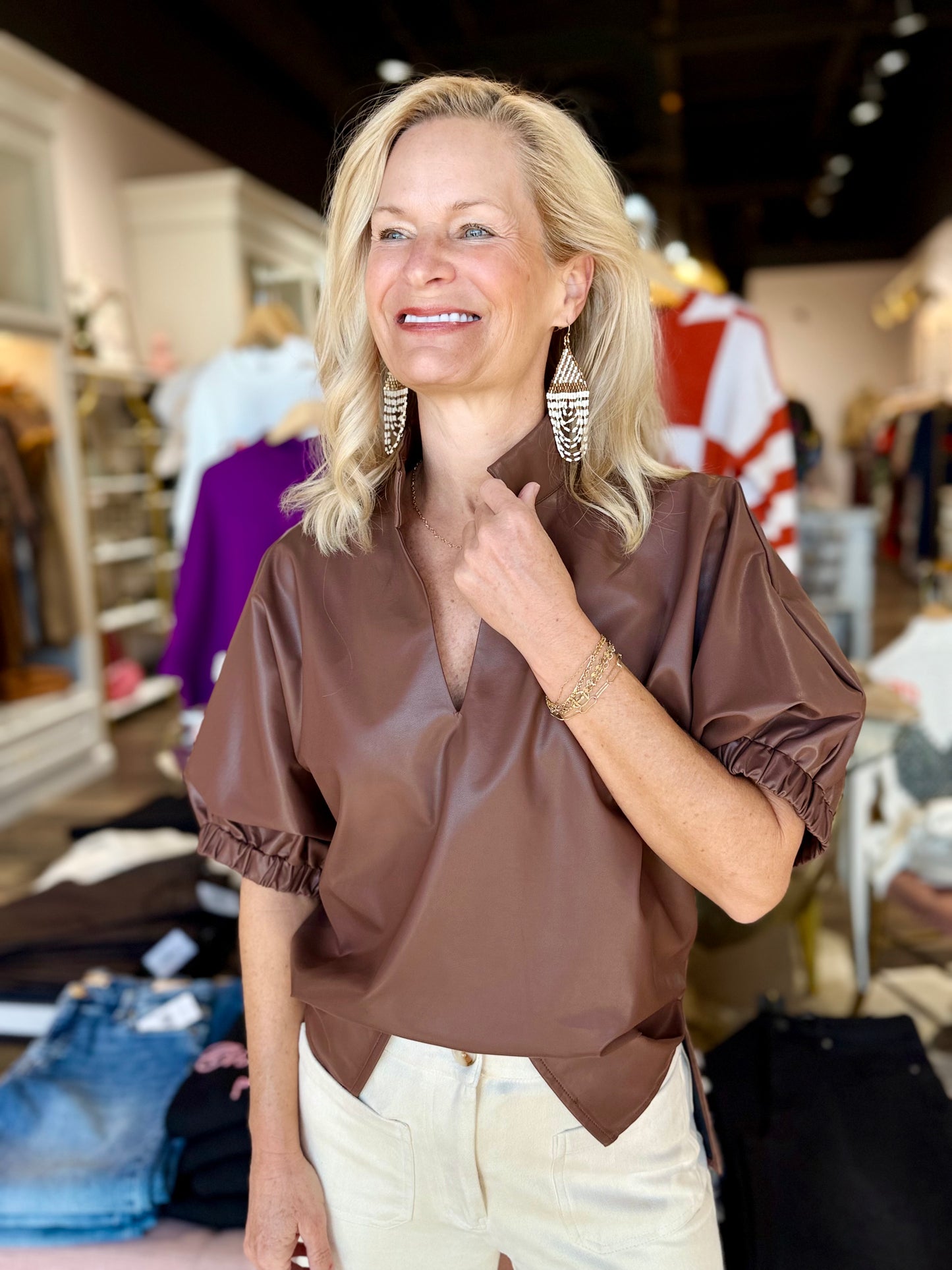 Puff Sleeve Faux Leather Top Brown