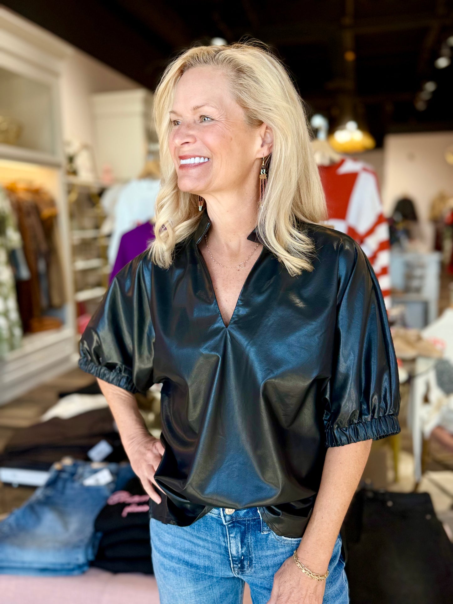 Puff Sleeve Faux Leather Top Black
