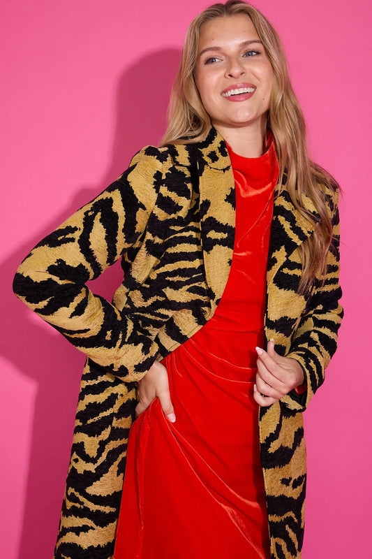 Alden Adair Darby Coat Noir Cat — long tiger-print blazer coat with bold black and golden stripes.