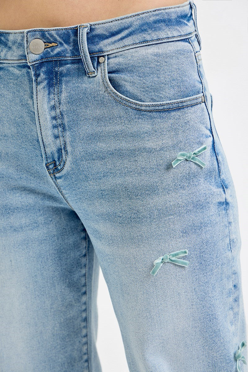 Risen High Rise Crop Barrel Ribbon Jeans