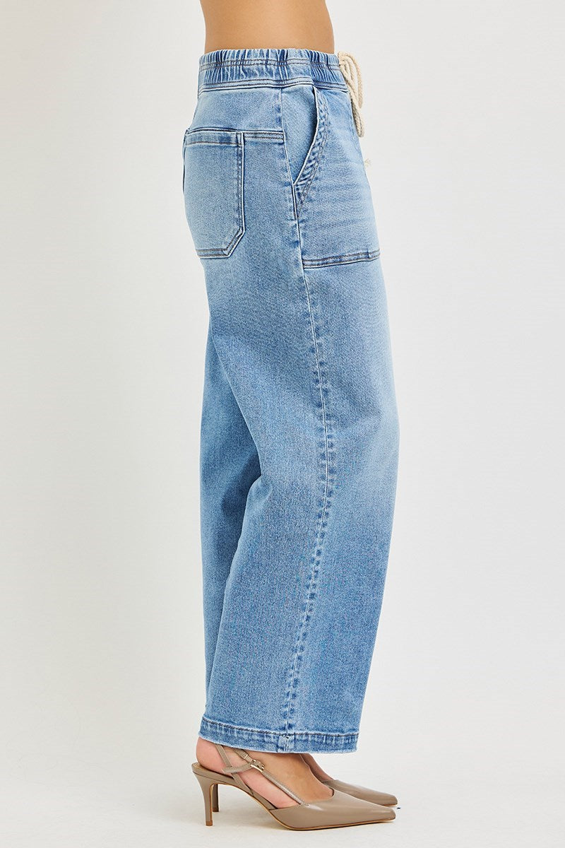 Risen Elastic Band Slouchy Cropped Baggy Jeans With Patch Pockets