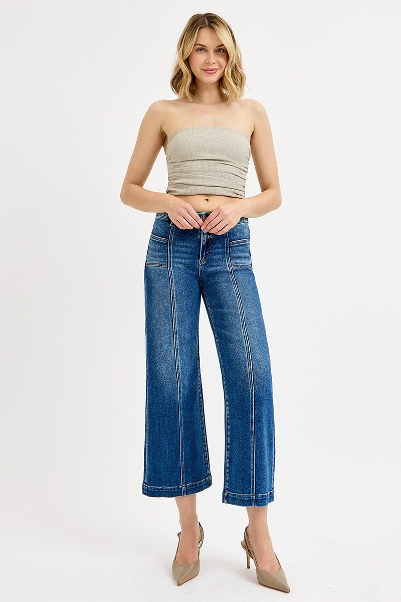 Risen Mid Rise Crop Wide With Front Patch Pocket Jeans