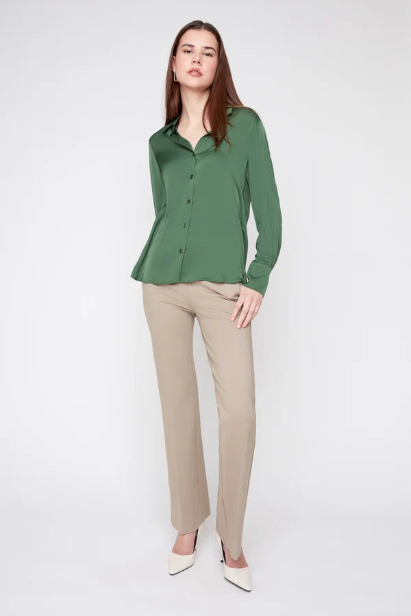 Renuar Silky Satin Button Down Blouse Olive