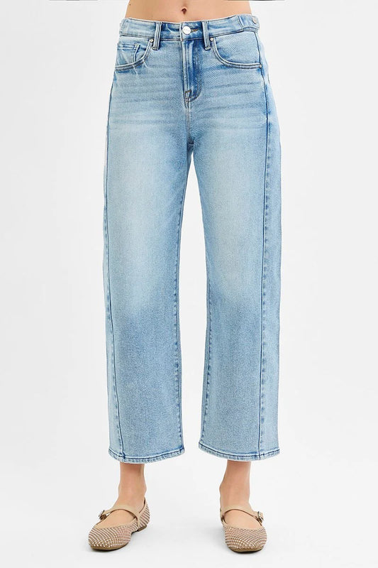 Risen High Rise Crop Barrel Adjustable Waist Band Jeans