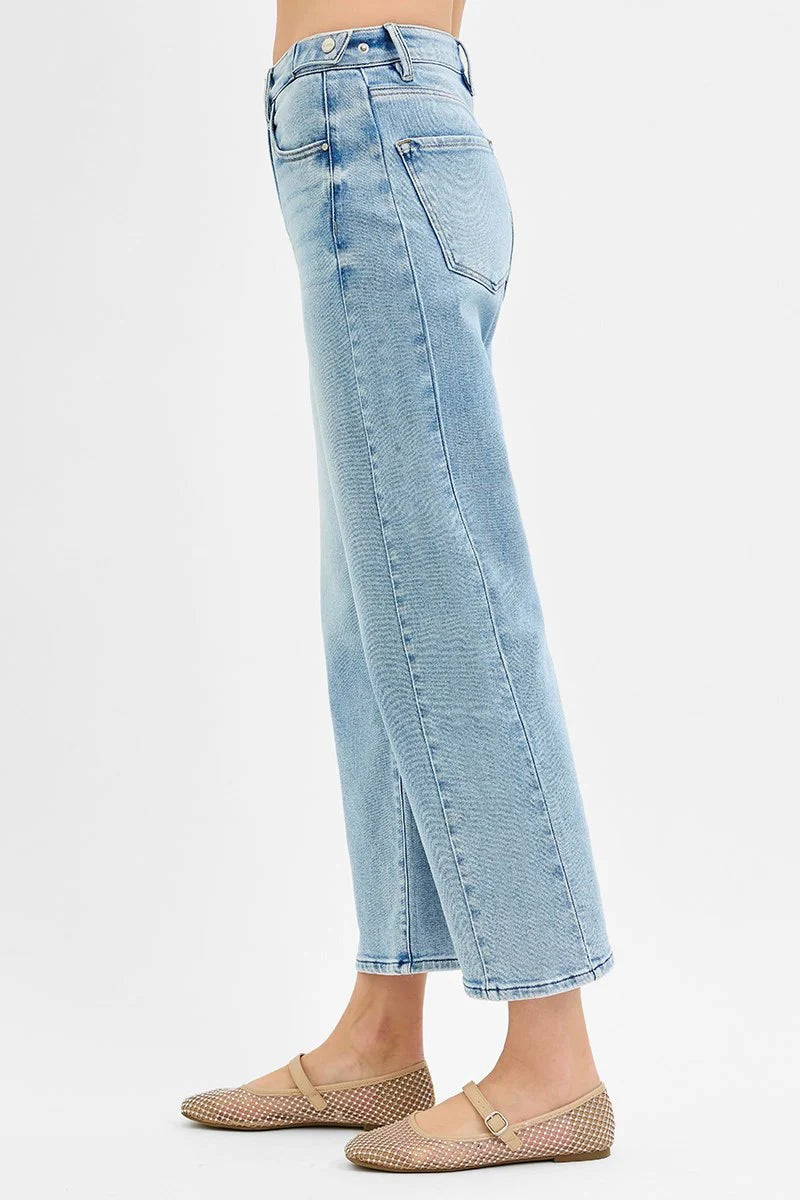 Risen High Rise Crop Barrel Adjustable Waist Band Jeans