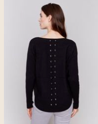 Long Sleeve Sweater with Back Eyelet Detail - Black