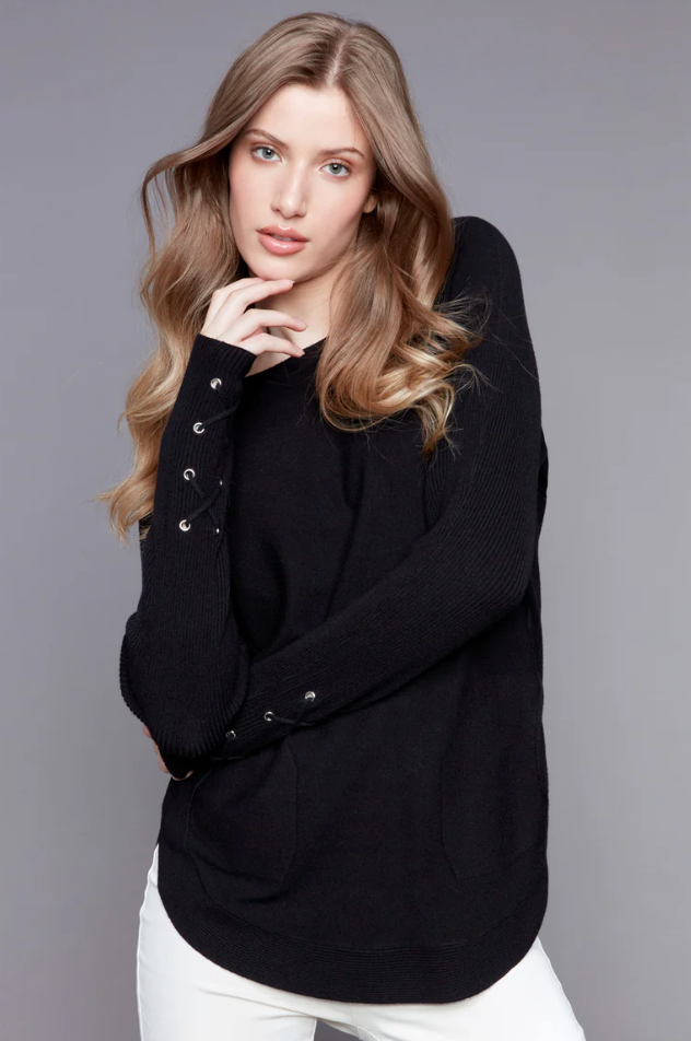 Charlie B Knit Sweater with Lace-Up Cuffs - Black