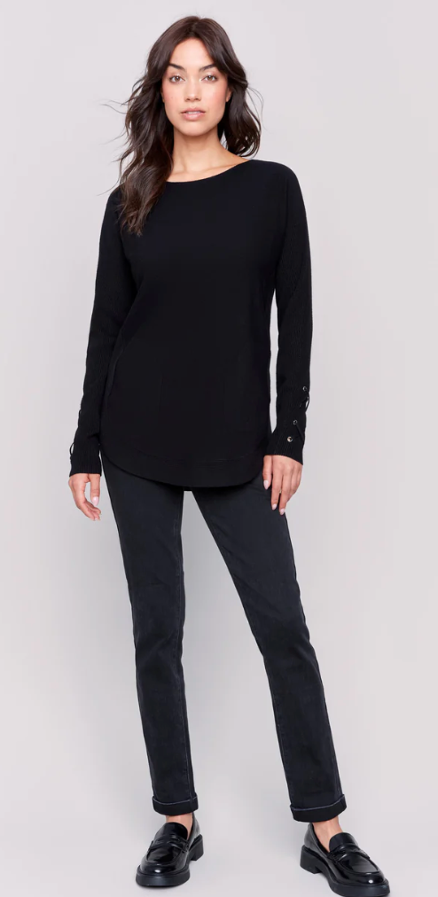 Charlie B Knit Sweater with Lace-Up Cuffs - Black