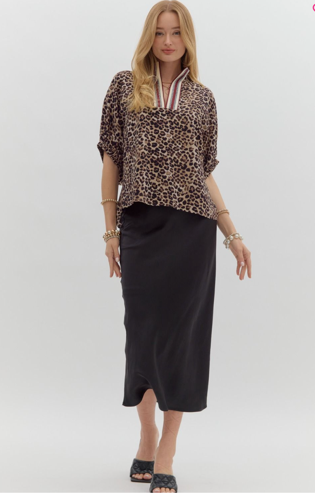 High Collar V Neck Top Wine Mocha Leopard