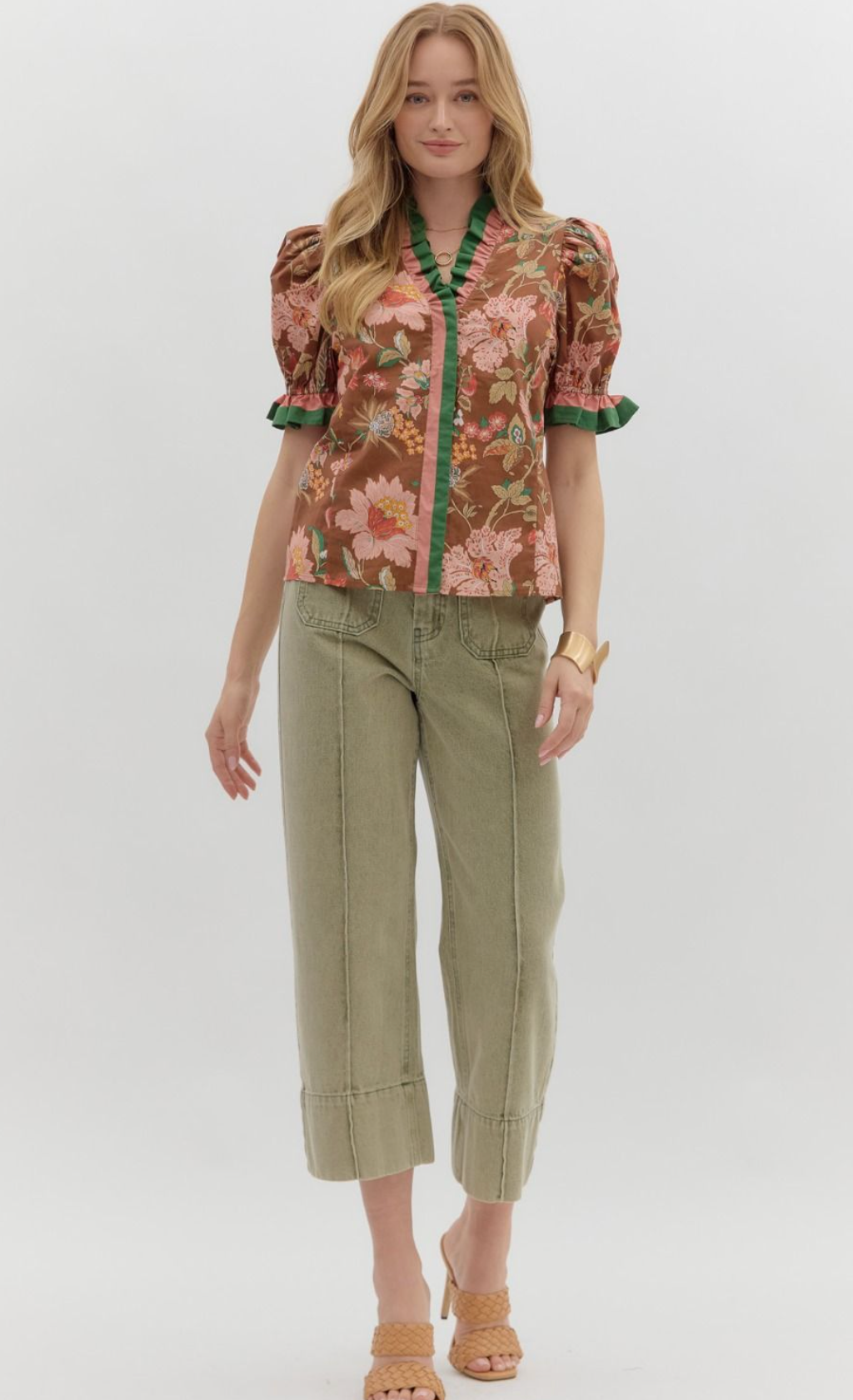 Shoulder Puff Sleeve Blouse Brown Floral