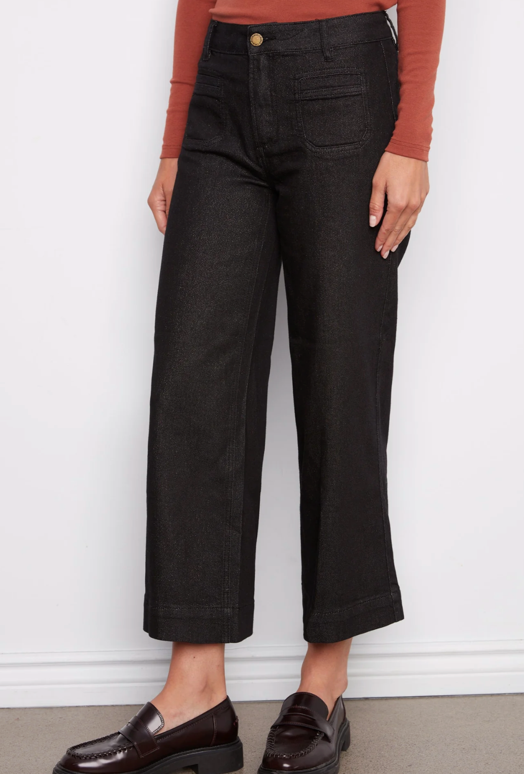 Charlie B Cropped Patch Pocket Flare Twill Pants Lurex Black