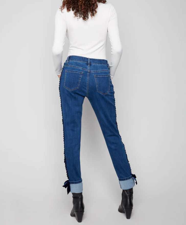 Charlie B Slim Leg Jeans With Velvet Bow - Indigo