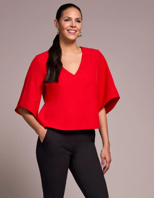 Tribal Signature Crepe Flutter Sleeve V-Neck Blouse Carmine