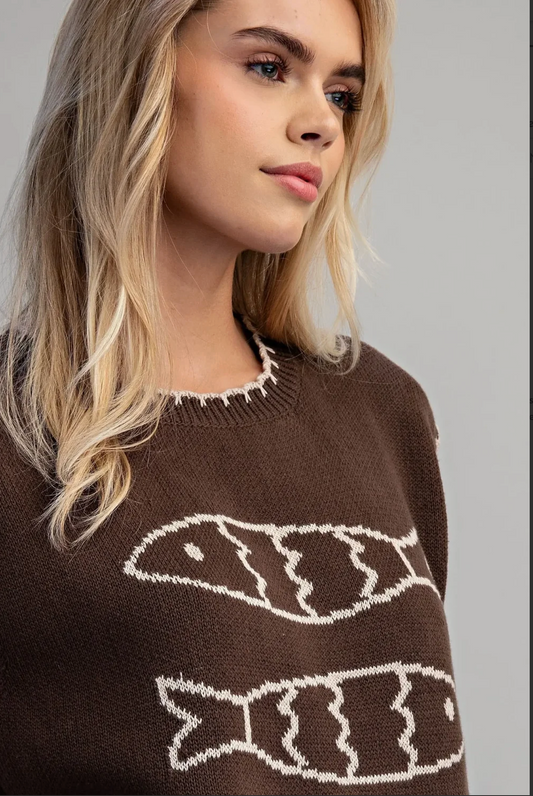 Fish Cap branded chocolate brown knit sweater with cream intarsia logo lettering, worn by blonde model.
