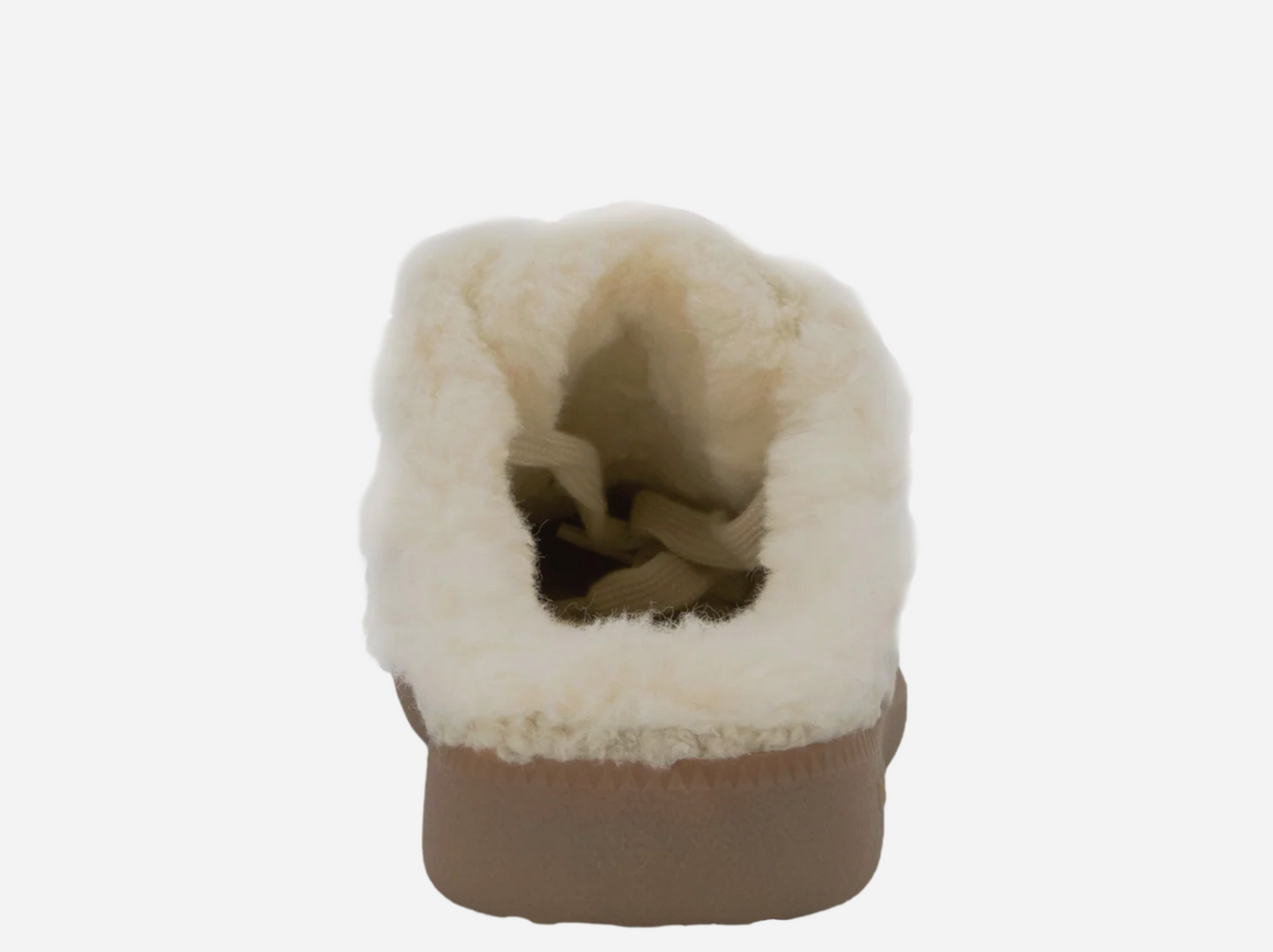 Back 70 Easter FL backless sneaker with plush cream shearling lining, viewed from behind, tan rubber sole.
