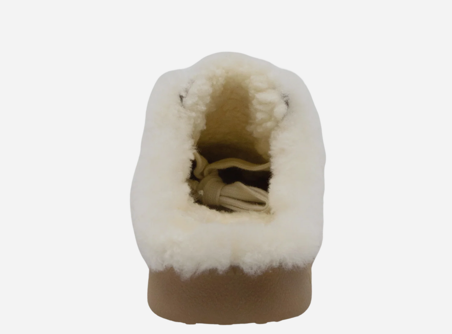 Back 70 EASTER FL sneaker, top-down view showing plush white shearling interior lining and tan rubber sole with lace detail.