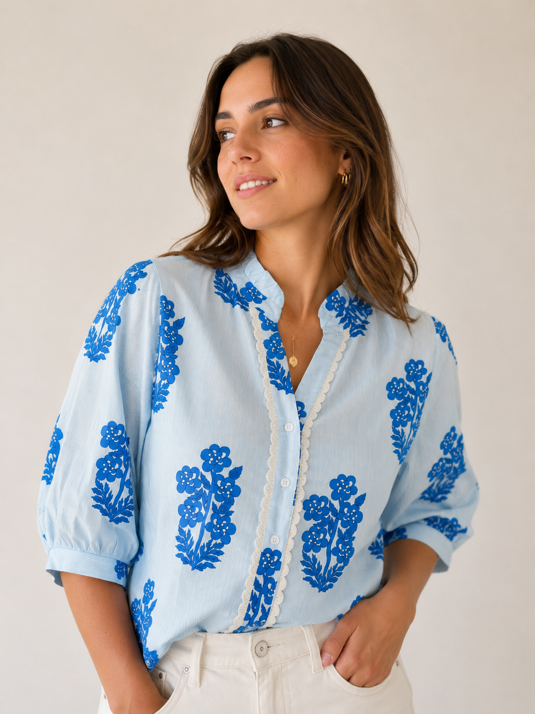 THML Long Sleeve Floral Pattern Button Up Top