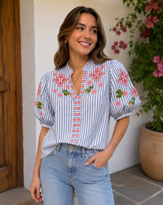 THML Puff Sleeve Striped Embroidery Detail V-Neck Top