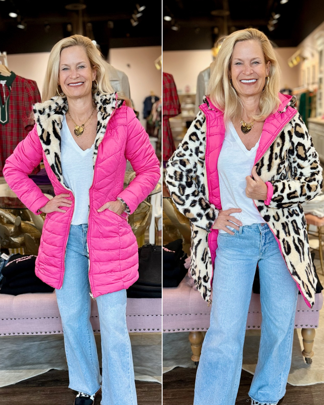 Leopard Fur Reversible Puffer Jacket w/Removable Hoodie