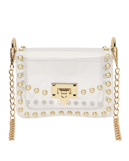 Clearly Bags Jackie in Pearl Clear Handbag, front view with pearl studs, gold chain strap, and gold turn-lock closure.