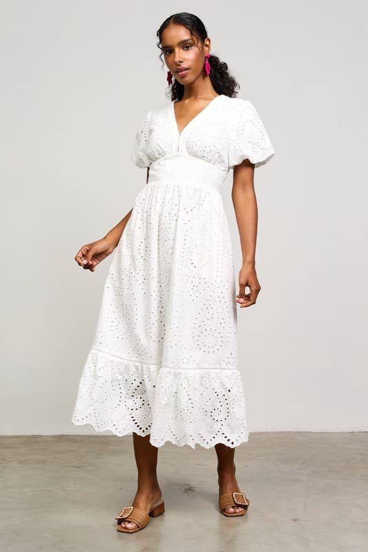 Eyelet Lace Smocked Back Midi Dress White