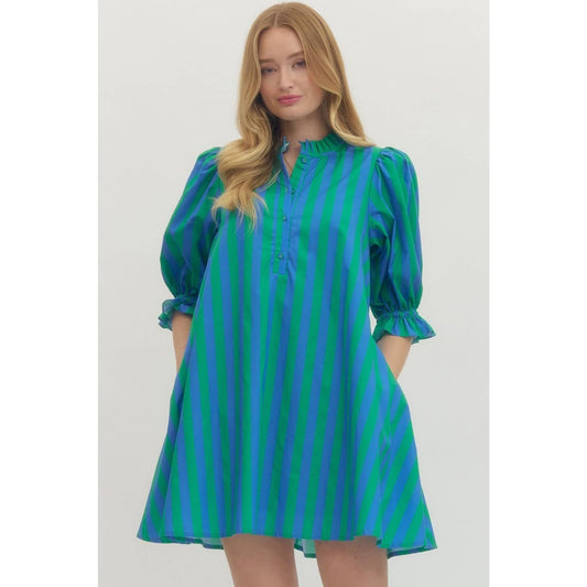 Striped puff sleeve mini dress: Green