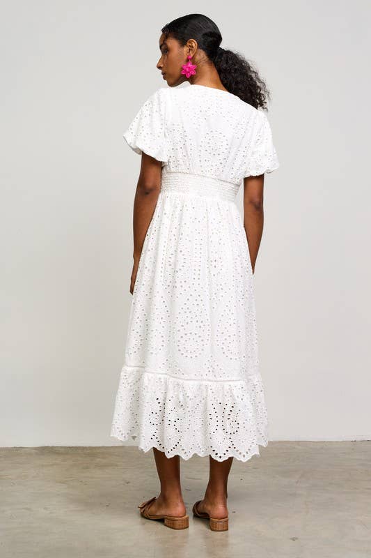 Eyelet Lace Smocked Back Midi Dress White