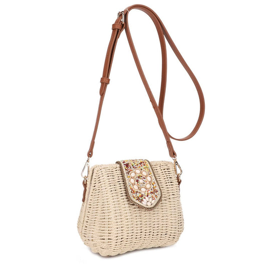 Straw Crossbody Bag With Beaded Buckle: Beige Brown