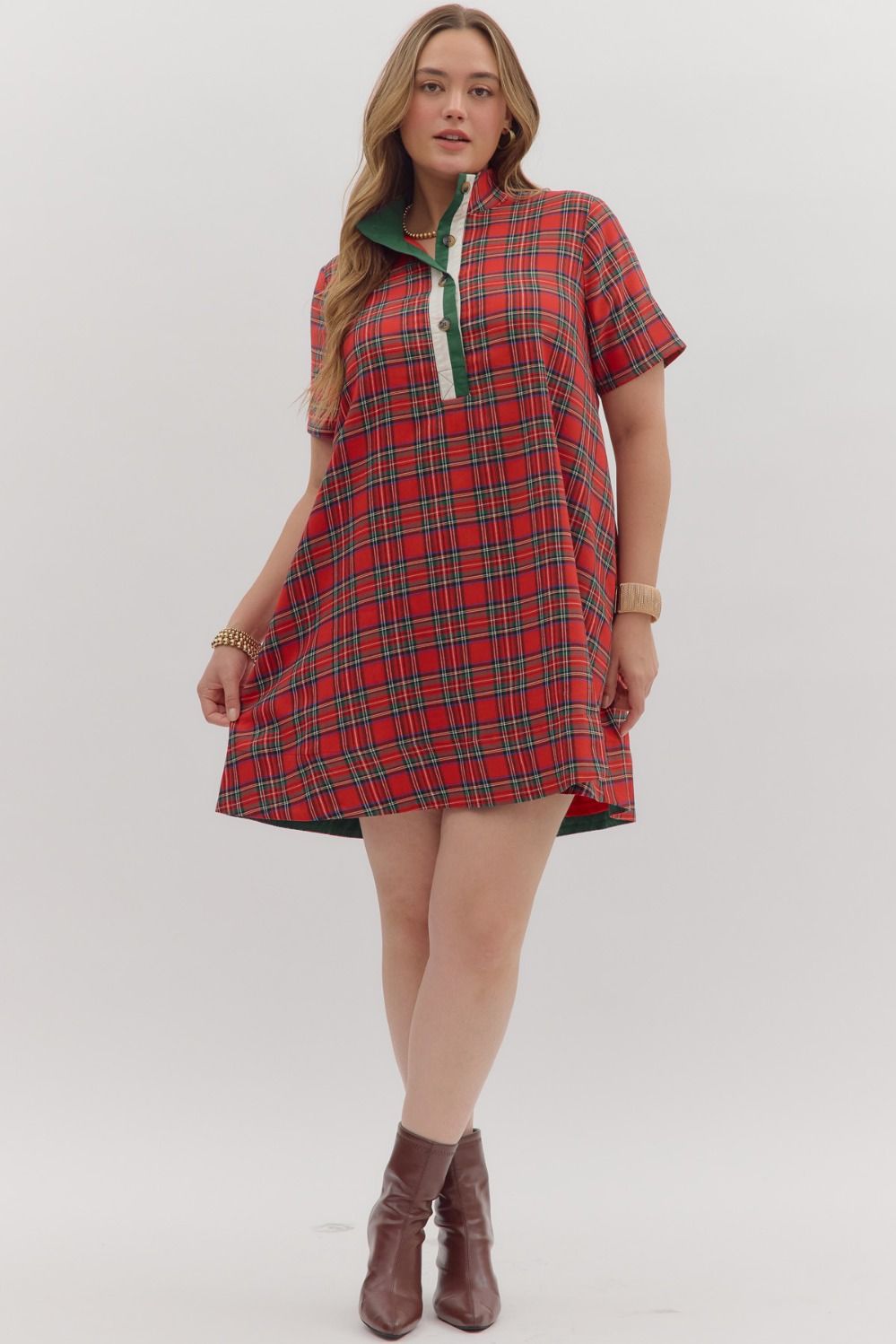 Plaid Short Sleeve Button Dress Red