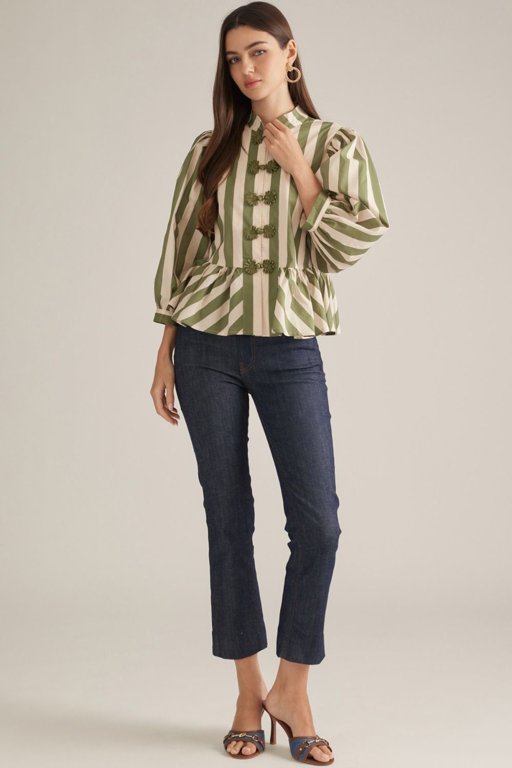 Entro Striped Balloon Sleeve Top Olive