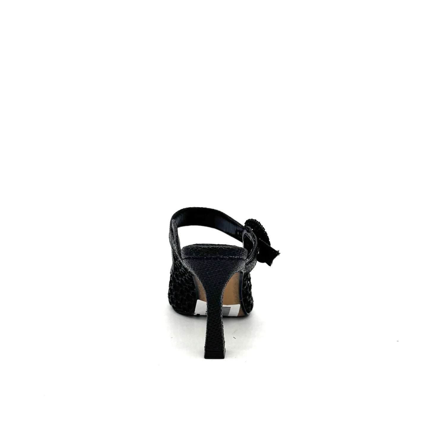 EXE Lamina-290 black honeycomb mesh woven stiletto mule heels with decorative bow detail, rear view.