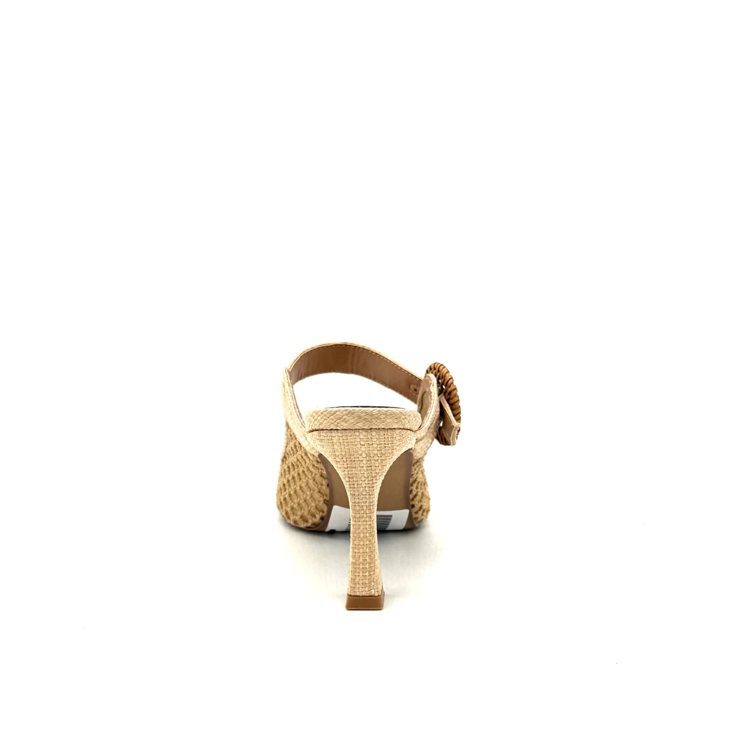EXE Lamina-290 natural beige woven raffia mule heel, back view showing slingback strap with round rattan buckle detail.