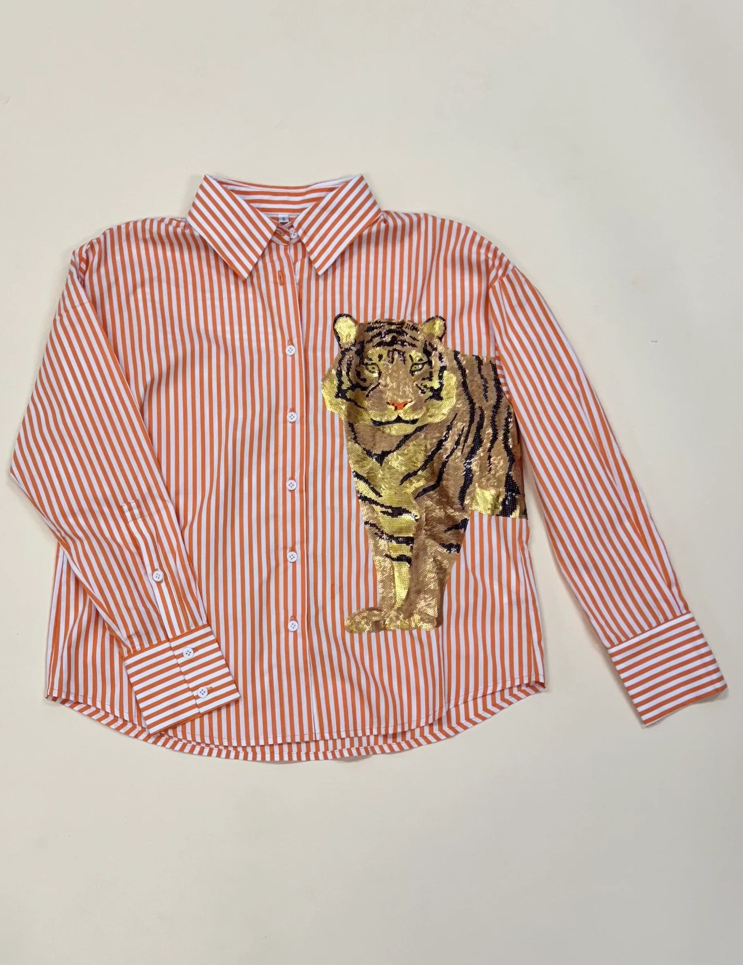 Striped Button Down Sequin Tiger