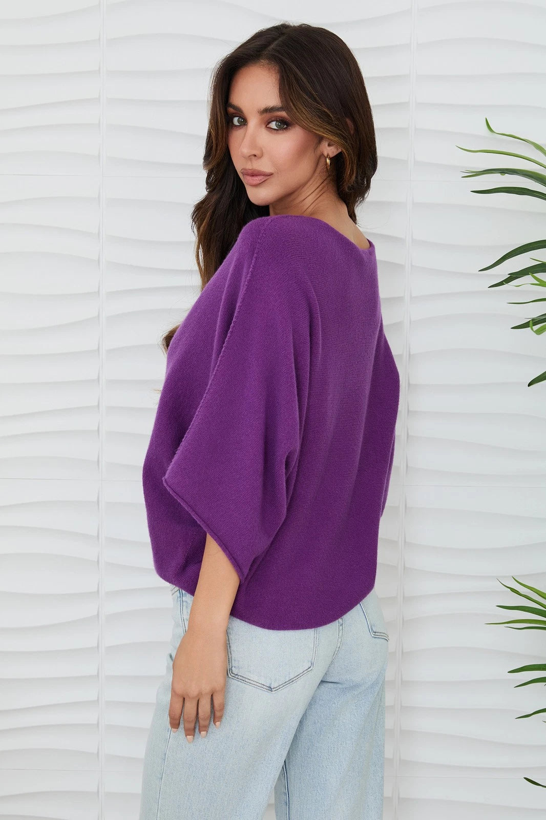 Crew Neck Batwing Sweater Purple