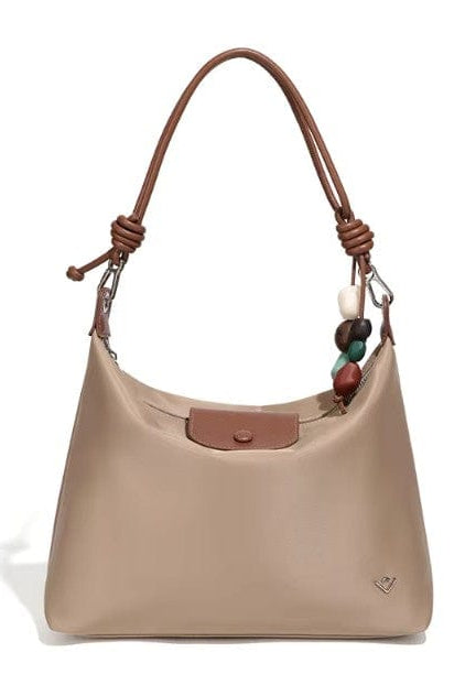MiMi Wholesale Brianne Nylon Hobo Bag in khaki with brown knotted strap, colorful beaded charm, and snap front pocket — front view