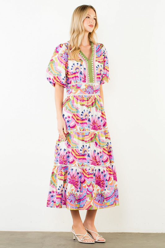 THML Puff Sleeve Pattern Tiered Dress