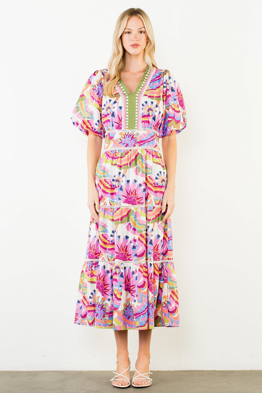 THML Puff Sleeve Pattern Tiered Dress Small
