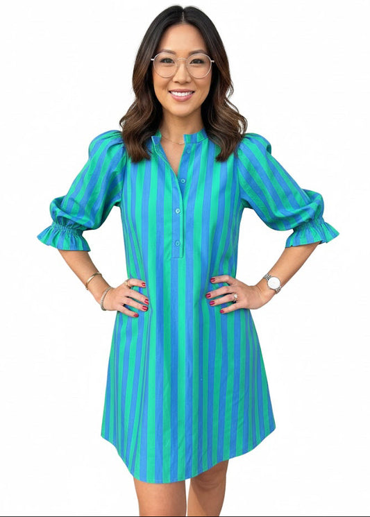 Striped puff sleeve mini dress: Green
